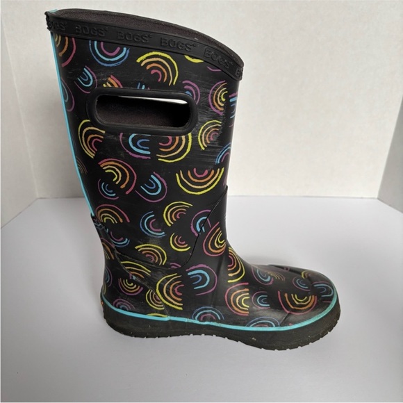 Bogs Wild Rainbows Rain Boots Waterproof Rubber Black Pink Kids Youth Size 2 - Picture 2 of 12